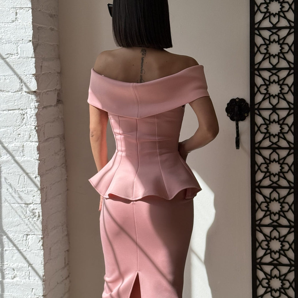pink off shoulder peplum dress back view pink off shoulder peplum dress back view