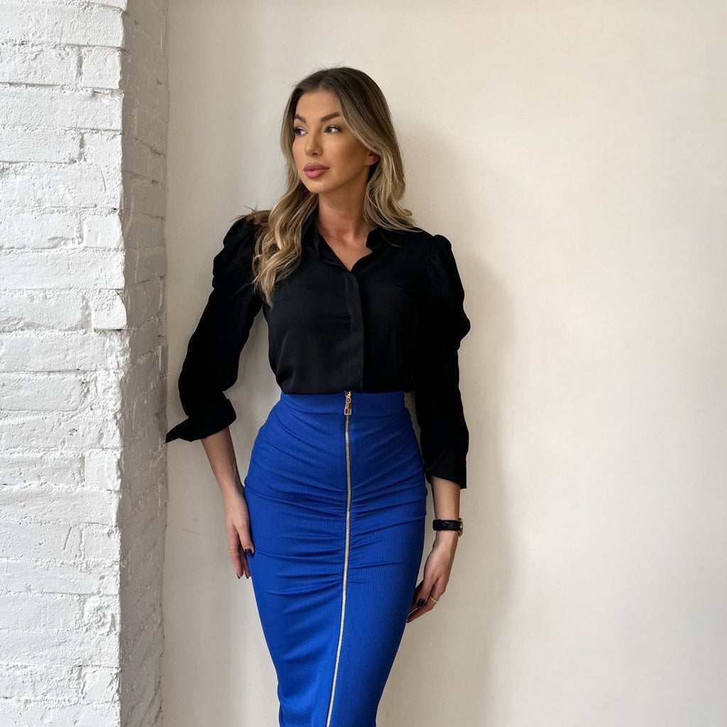 woman wearing black blouse and blue pencil skirt woman wearing black blouse and blue pencil skirt