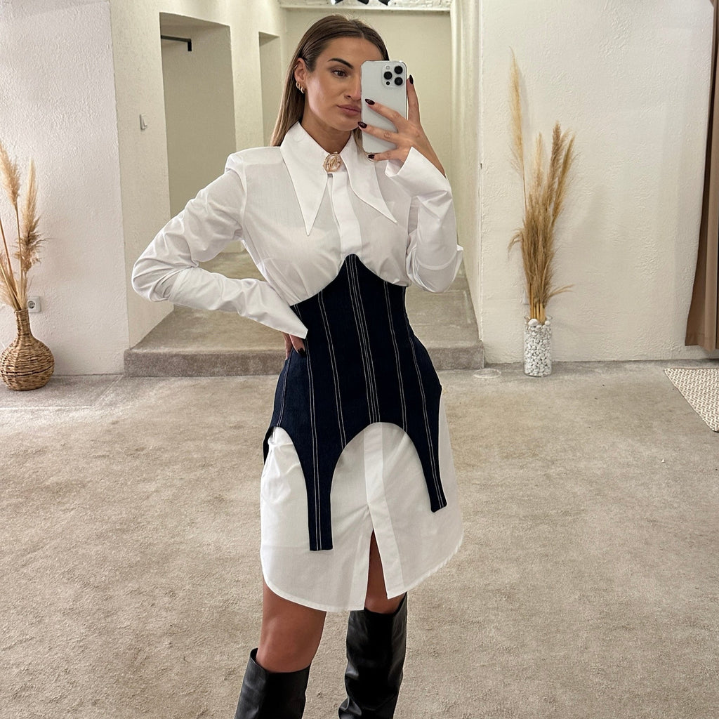 white shirt dress with black corset and knee high boots white shirt dress with black corset and knee high boots