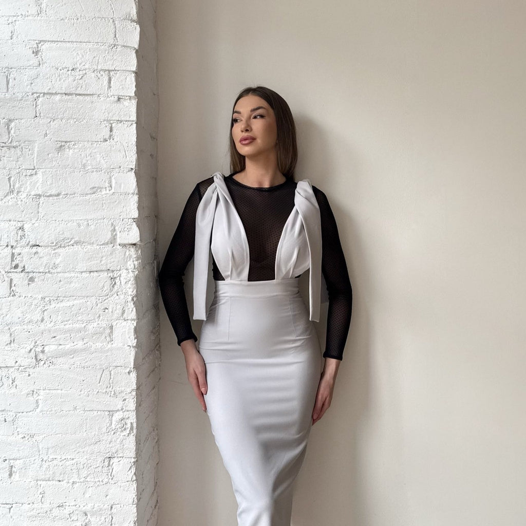 white pencil dress with black mesh top white pencil dress with black mesh top