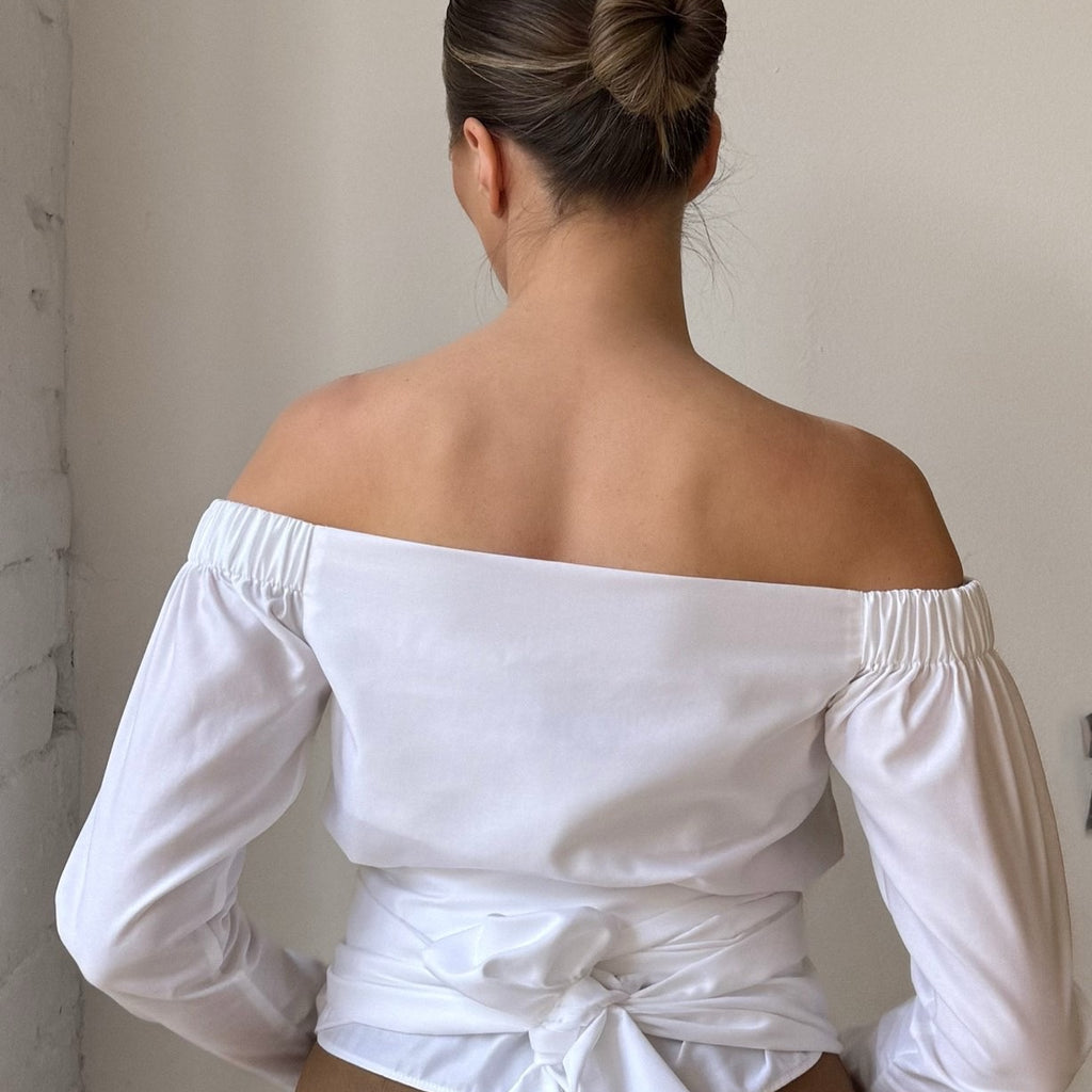 white off the shoulder top with back tie design white off the shoulder top with back tie design
