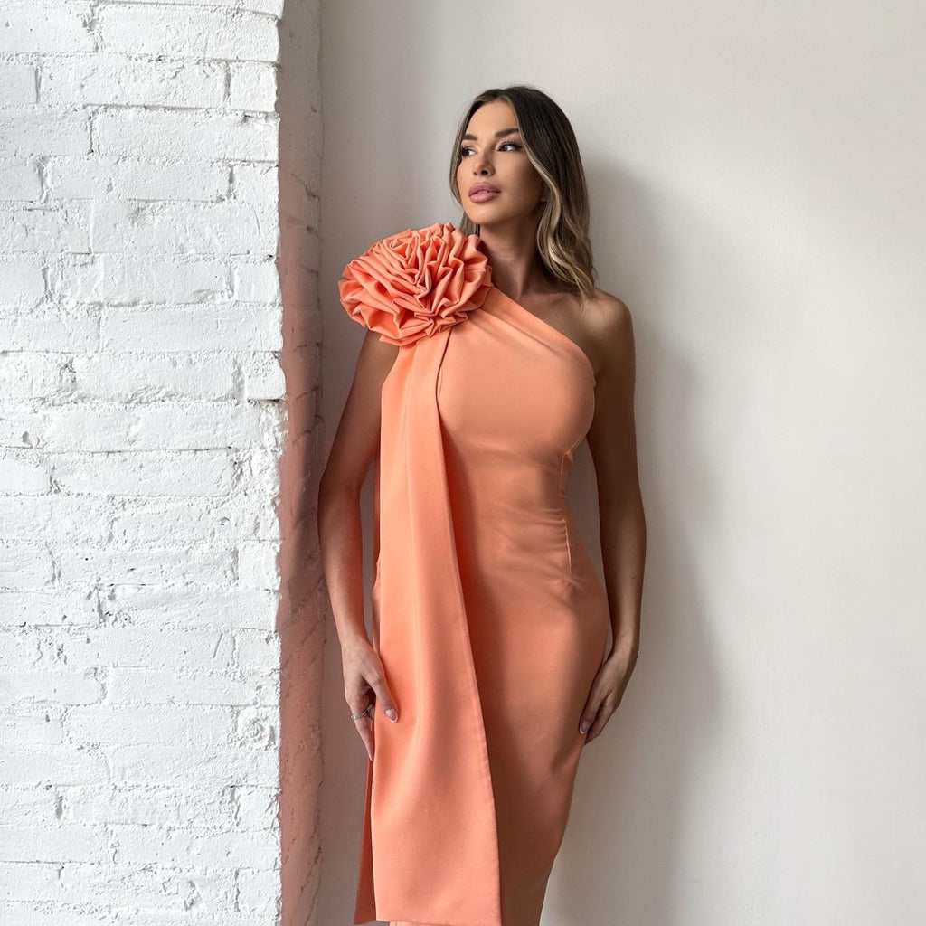 peach one shoulder dress with floral detail peach one shoulder dress with floral detail