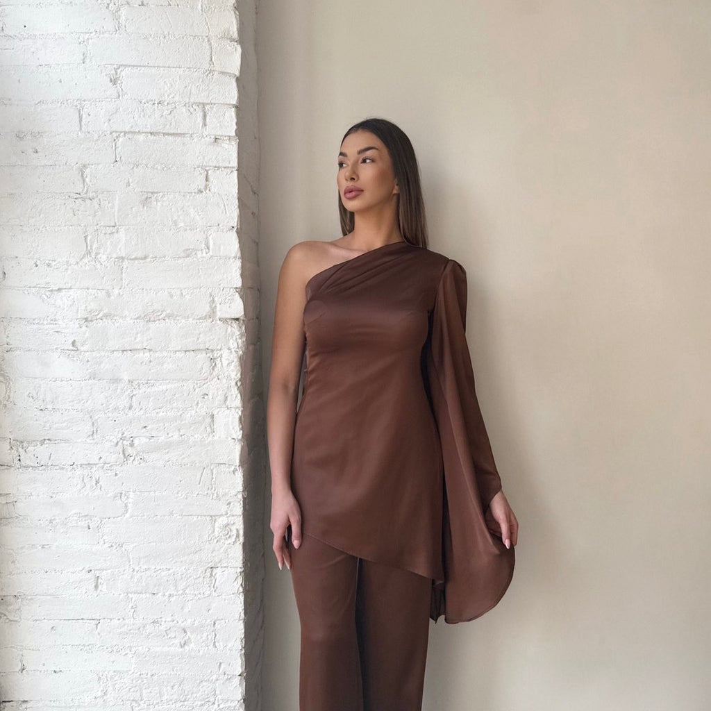 one shoulder brown dress with draped sleeve one shoulder brown dress with draped sleeve