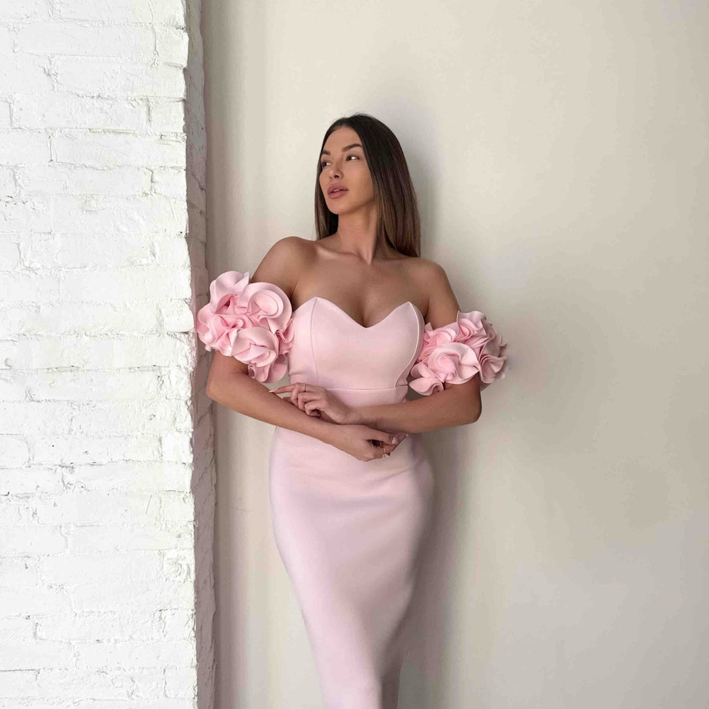 pink off the shoulder dress with floral sleeves pink off the shoulder dress with floral sleeves