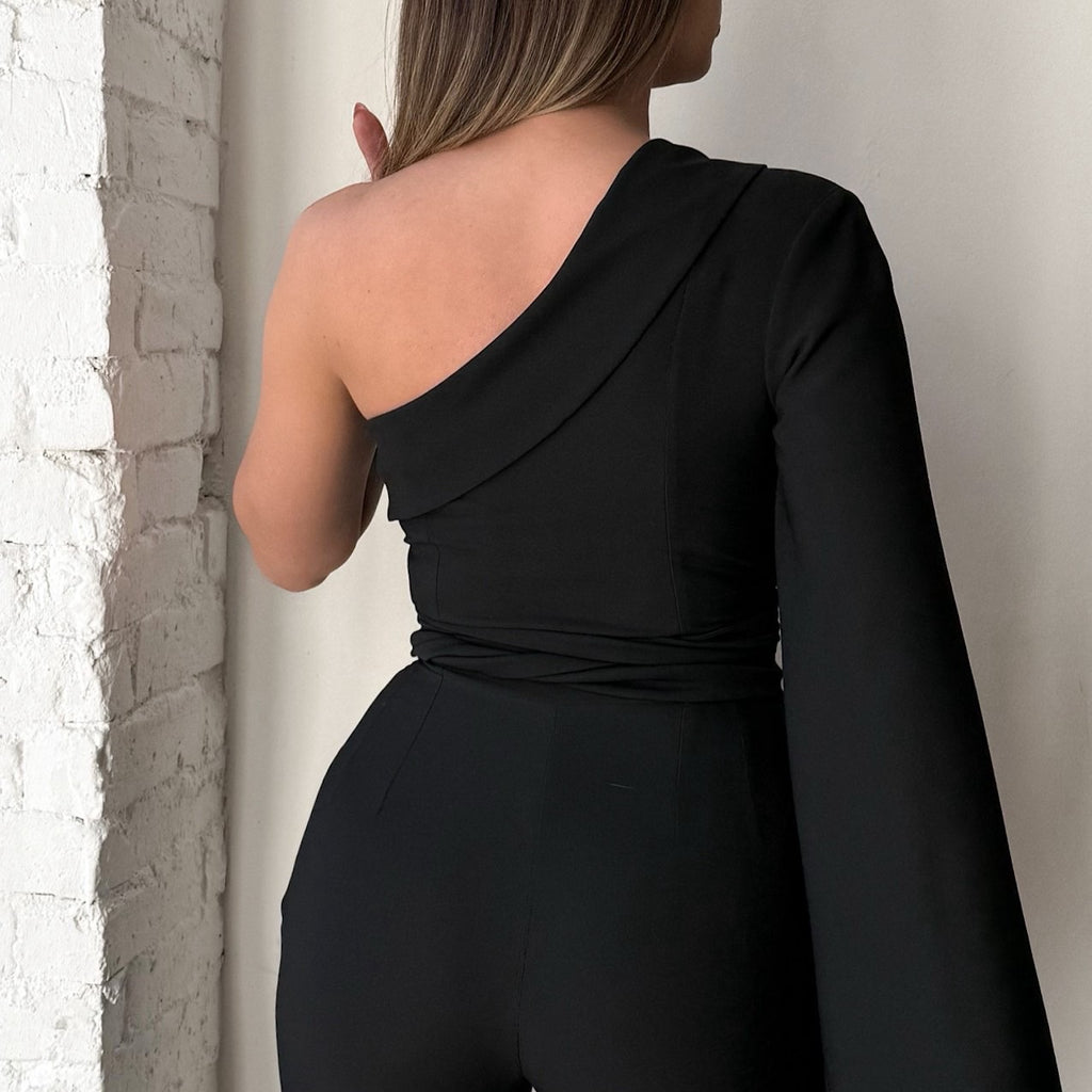 one shoulder black jumpsuit back view one shoulder black jumpsuit back view