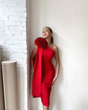 woman wearing red one shoulder dress with floral detail