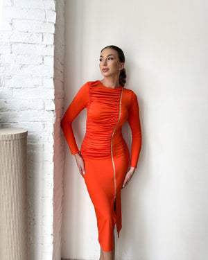 orange long sleeve midi dress with zipper design