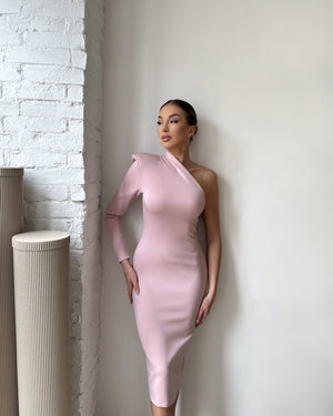 one shoulder pink dress on model