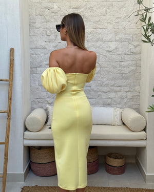 yellow off the shoulder dress with puff sleeves back view
