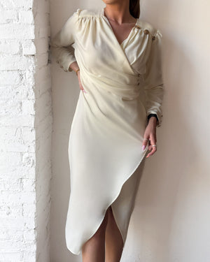 elegant cream wrap dress with long sleeves