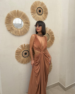 elegant woman in brown dress with sunglasses