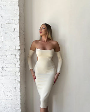 beige off shoulder midi dress
