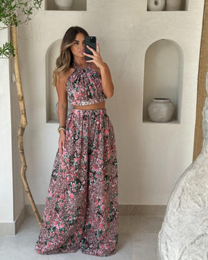 floral halter top and maxi skirt set