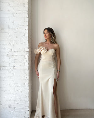 elegant off shoulder cream dress with ruffle design and side slit