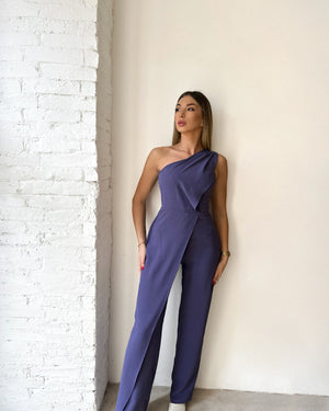 one shoulder purple jumpsuit on model