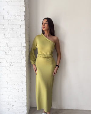 one shoulder green maxi dress