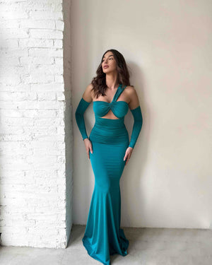 teal cutout evening gown with long sleeves