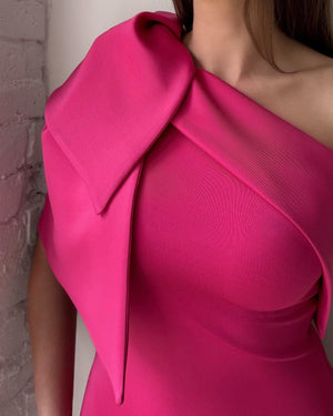 bright pink off shoulder dress with bold design