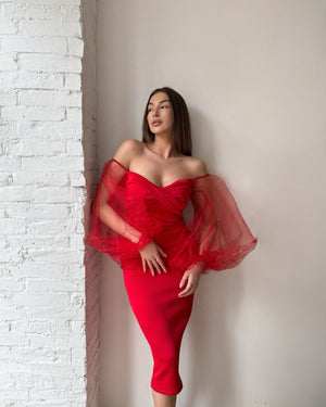 red off shoulder dress with tulle sleeves