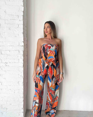 colorful strapless jumpsuit with leaf pattern