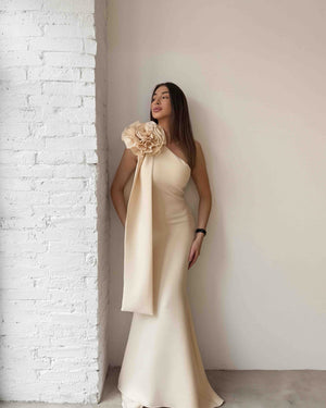 pale cream one shoulder dress with large flower design