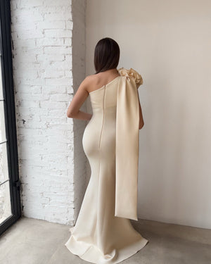 cream one shoulder evening gown back view
