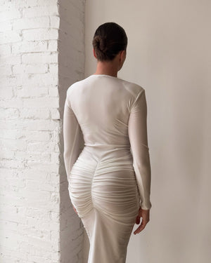 white ruched long sleeve midi dress back view