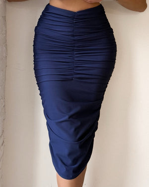 navy ruched pencil skirt