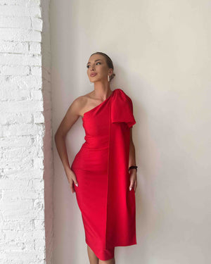 woman wearing red one shoulder dress