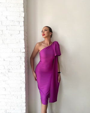 purple one shoulder midi dress