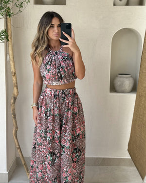 floral halter neck dress with pink and green flowers