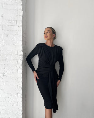 black long sleeve dress on model