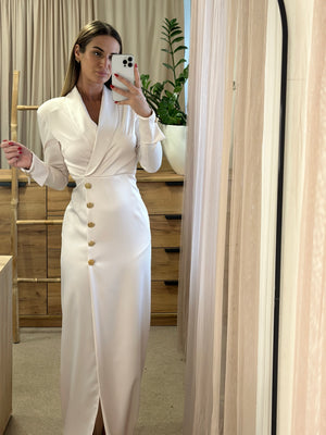 long white wrap dress with gold buttons