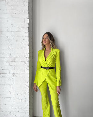 bright neon green suit with belt