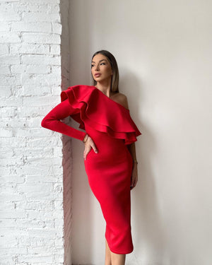 red one shoulder ruffle dress