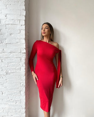 woman wearing red one shoulder dress