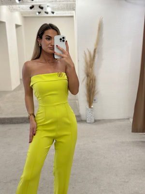 bright yellow strapless jumpsuit selfie