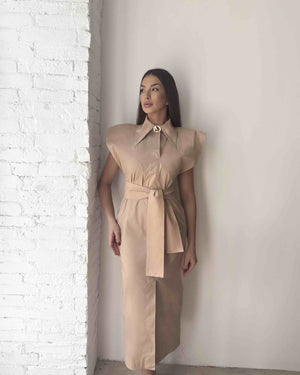 beige sleeveless dress with belt