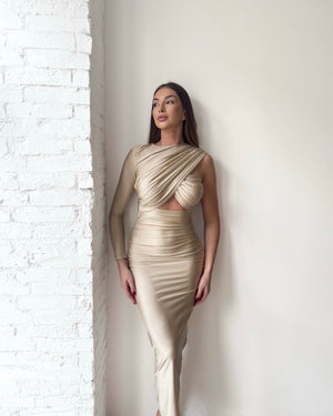 beige one sleeve cutout dress on woman