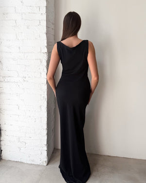 long sleeveless black dress back view