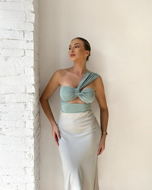 pale green one shoulder evening dress