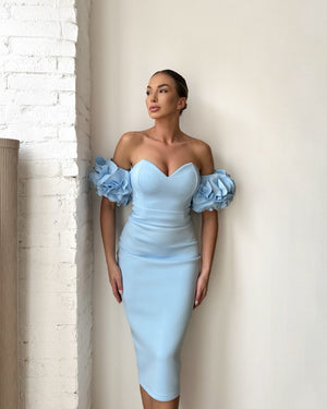 light blue off shoulder dress with ruffle sleeves