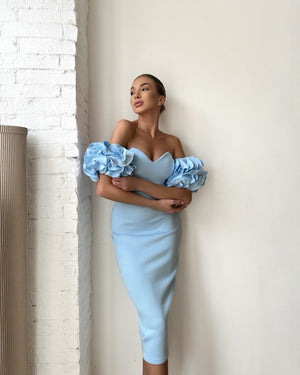 blue off shoulder dress with floral sleeves