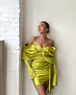 lime green off the shoulder satin dress