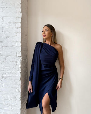 one shoulder navy dress on model