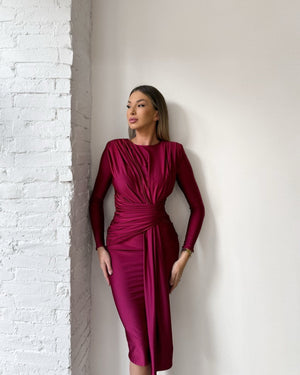 burgundy midi ruched dress