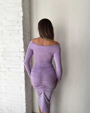long sleeve off shoulder ruched lavender dress back view