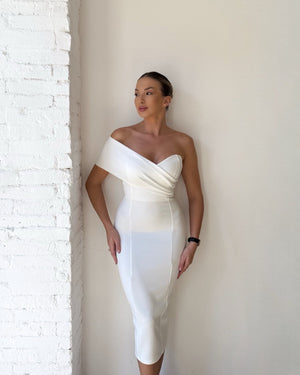 elegant white off shoulder midi dress