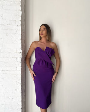 purple off shoulder midi dress