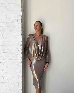 metallic cowl neck dress with long sleeves